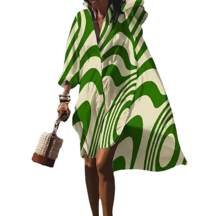 Women's Printed Lapel Long Sleeve Shirt Dress