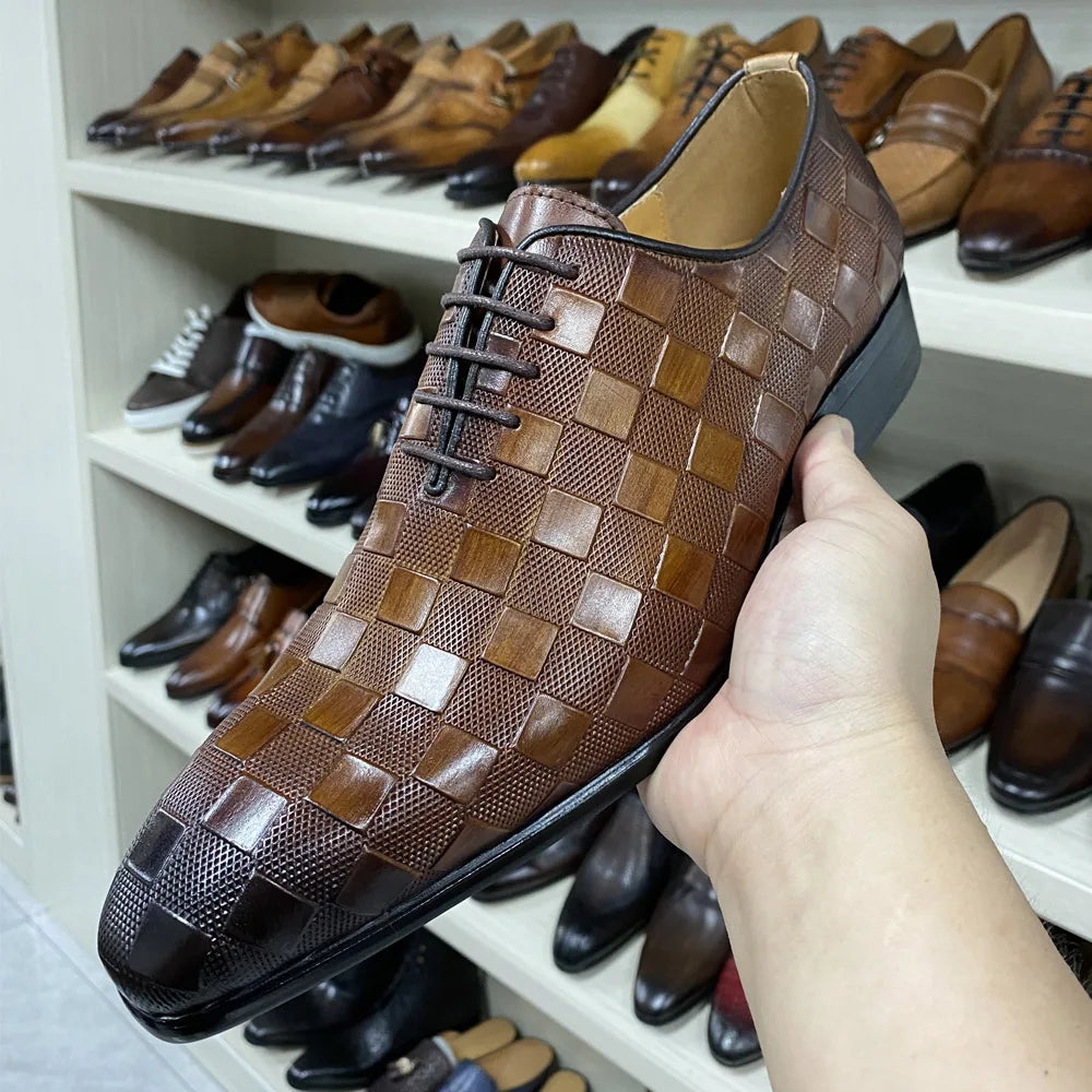 Men's Italian Leather Plaid Print Lace-Up Oxford Wedding Shoes