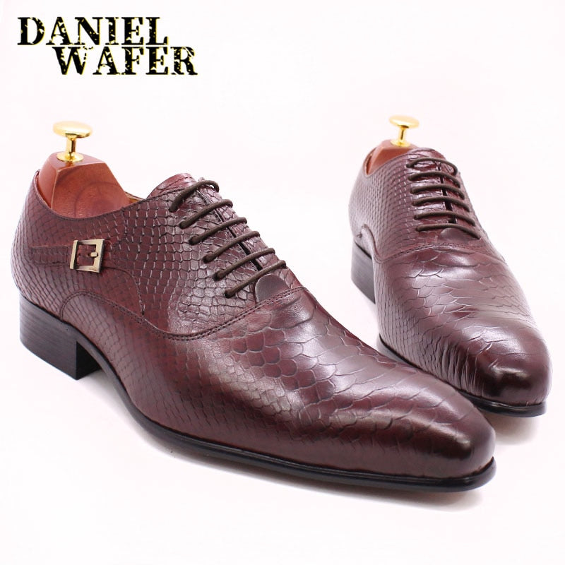 Men's Snake Print Leather Lace-Up Pointed Oxford Dress Shoes