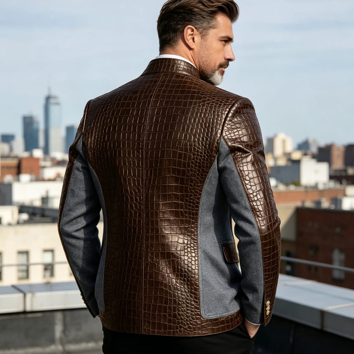 Men's crocodile embossed leather blazer back view rooftop