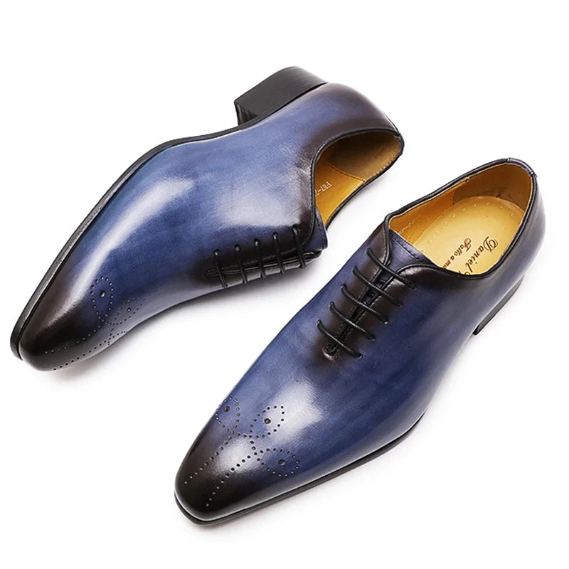 Men's Italian Genuine Leather Blue Purple Oxford Dress Shoes