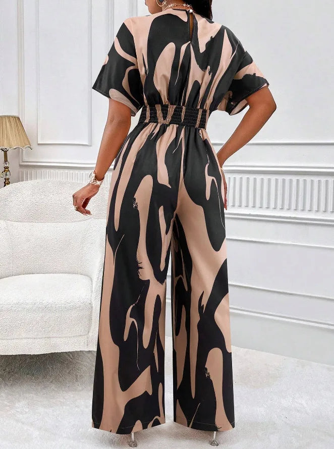 Women's V-Neck Short-Sleeve Printed Wide-Leg Jumpsuit