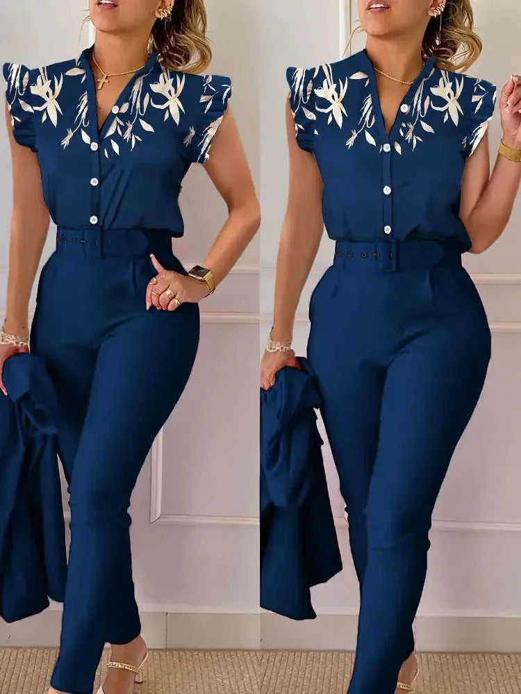 Women's Printed Sleeveless Shirt and Belted Pants Office Set