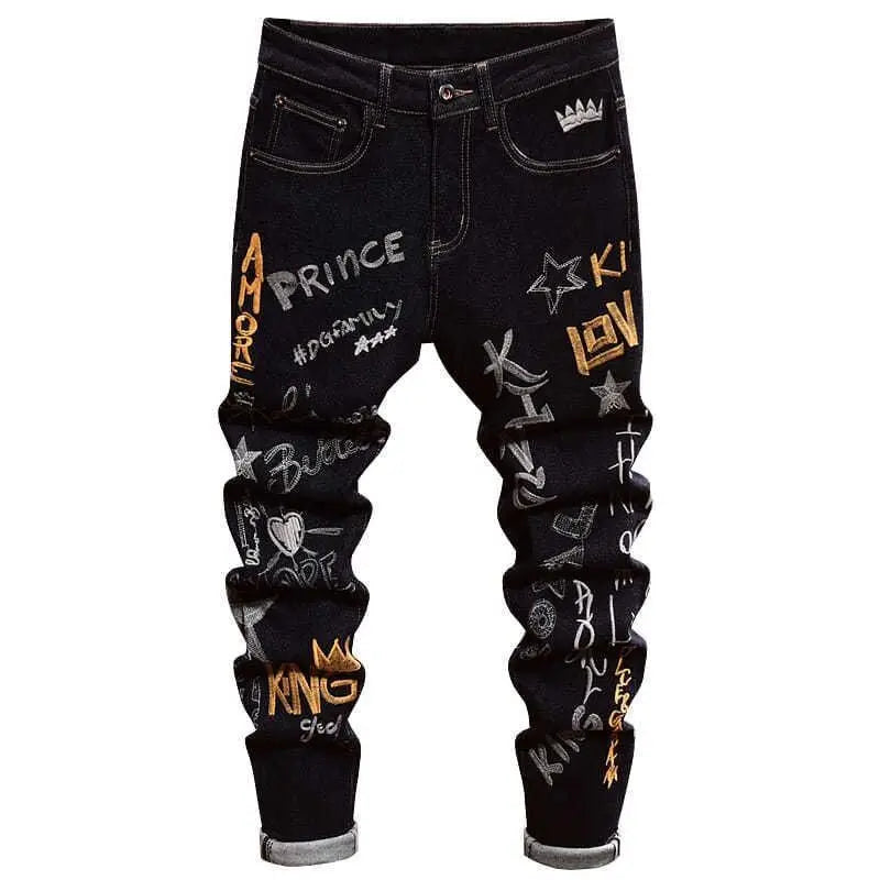 Men's Embroidery Badge Retro Cargo Black Denim Jeans