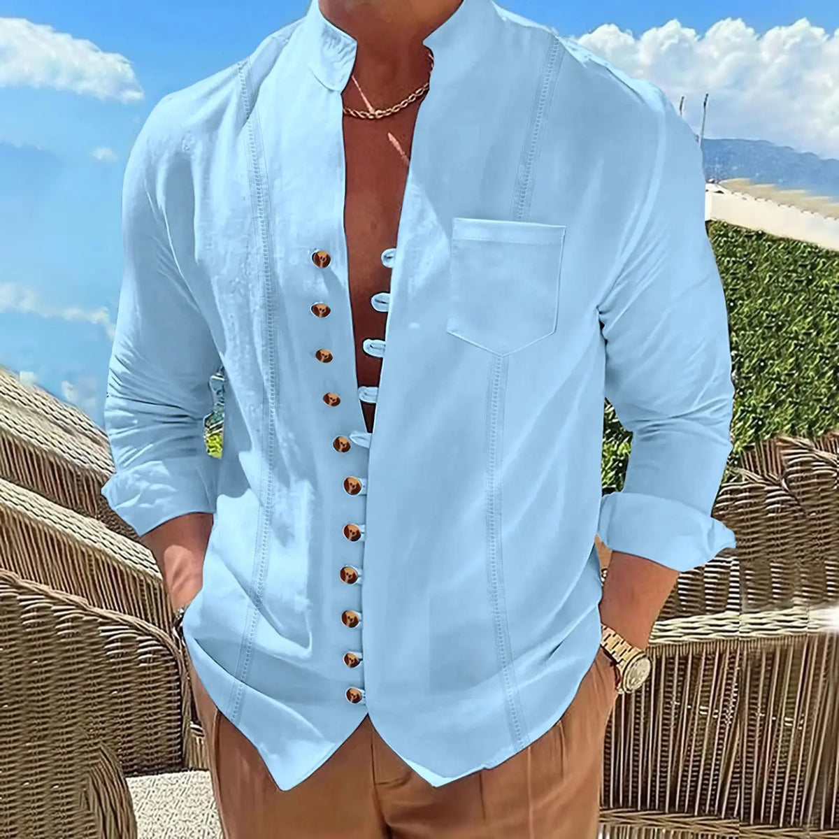 Men's Cotton Linen Stand Collar Long-Sleeve Striped Cardigan Shirt