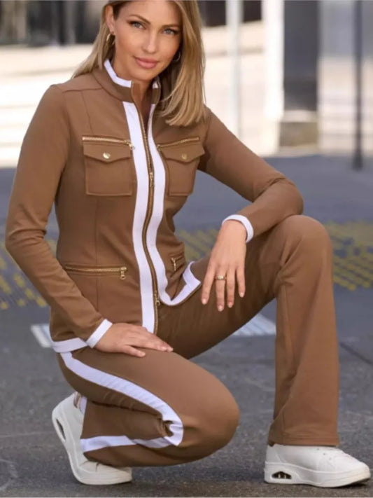 Women's Solid Zipper Top and Straight Two-Piece Set