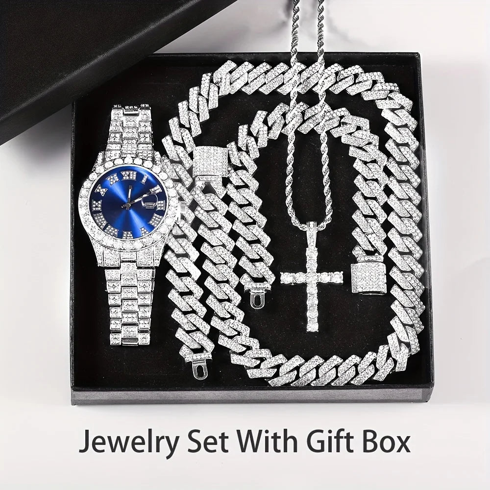 Men's Bling Quartz Watch and Cuban Chain Necklace Set