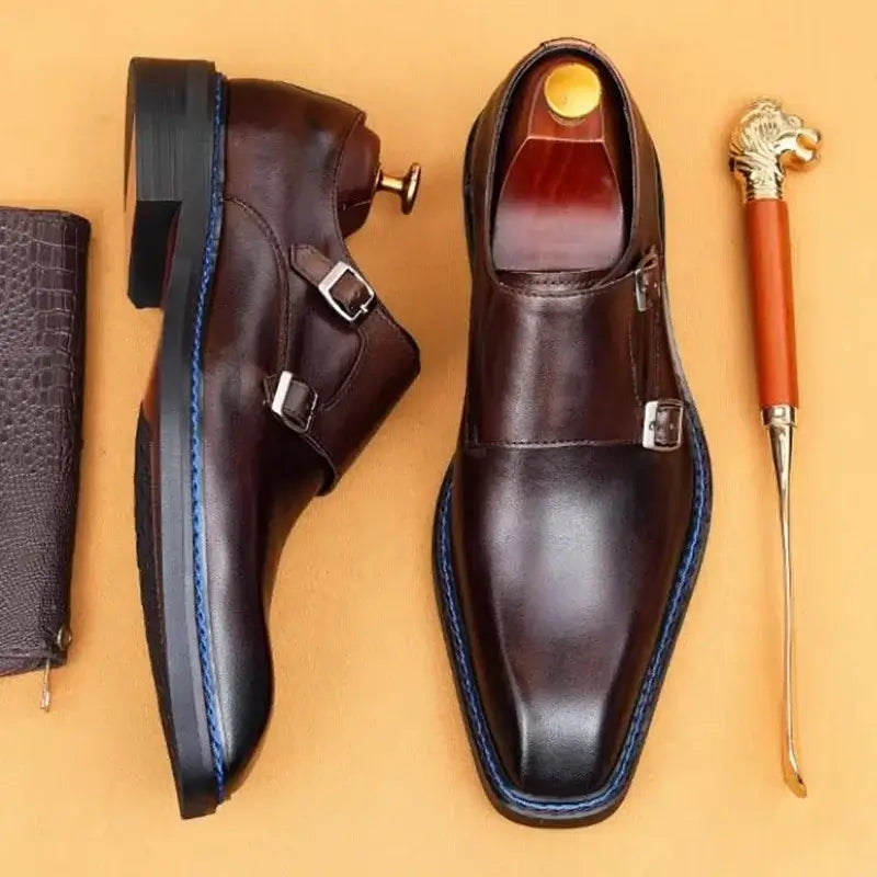 Men's Cowhide Square Toe Double Monk Strap Dress Shoes