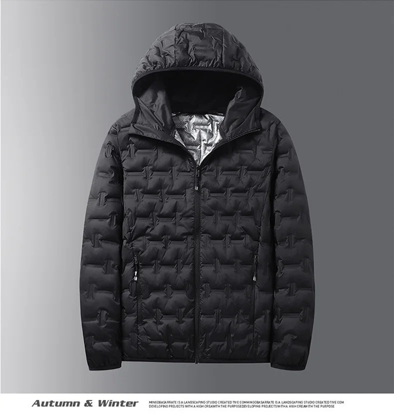 Men's Winter White Graphene Hooded Puffer Jacket, Windproof Down Coat
