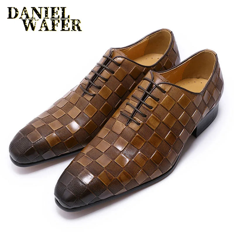 Men's Italian Leather Plaid Print Lace-Up Oxford Wedding Shoes