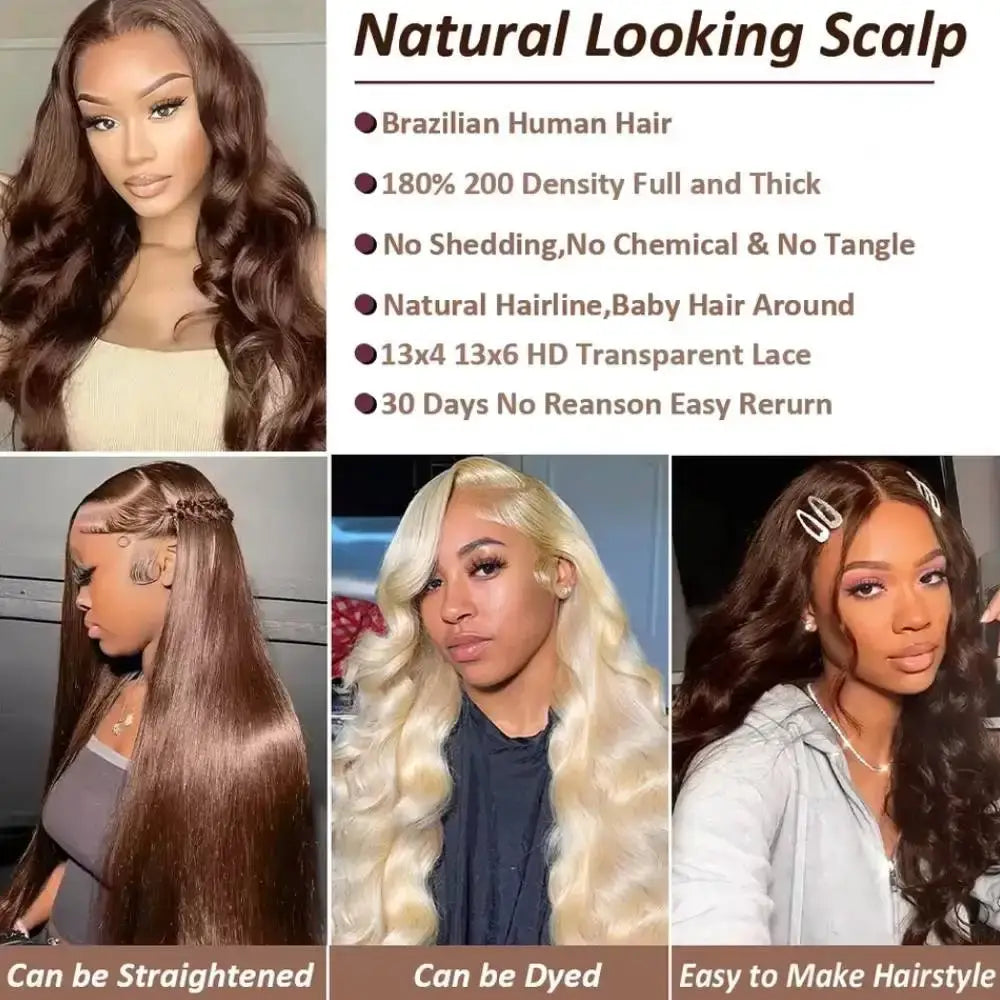Natural Looking Scalp collage showcasing Body Wave Wig 46 Inches #4 Chocolate Brown Remy Hair 13x4 13x6 HD Transparent Lace Frontal Wigs Pre Plucked Human Hair For Women.