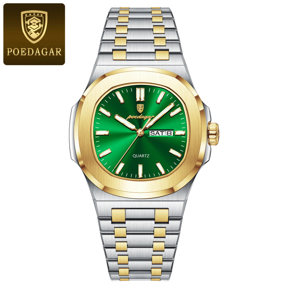 Men's Square Stainless Steel Date Week Quartz Wristwatch