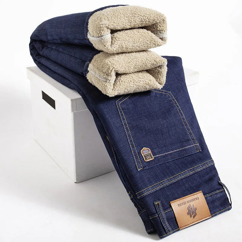 Men's Winter Fleece-Lined Lamb Denim Straight Stretch Jeans, Size 40