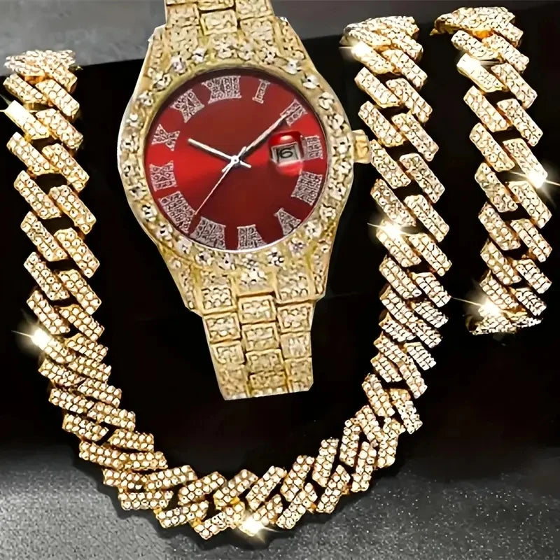 Men's Bling Quartz Watch and Cuban Chain Necklace Set