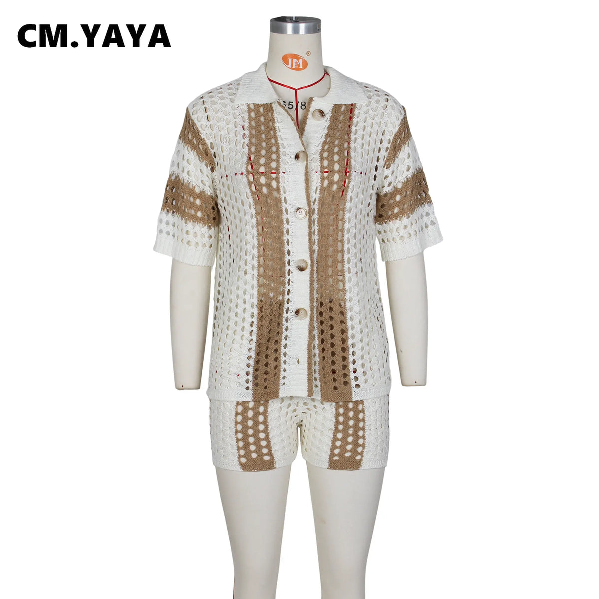 Women's Knit Ribbed Crochet Shirt and Shorts Two-Piece
