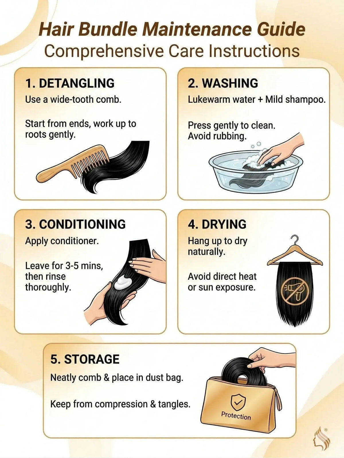 Hair Bundle Maintenance Guide with comprehensive care instructions for human hair bundles, including detangling, washing, conditioning, drying, and storage.