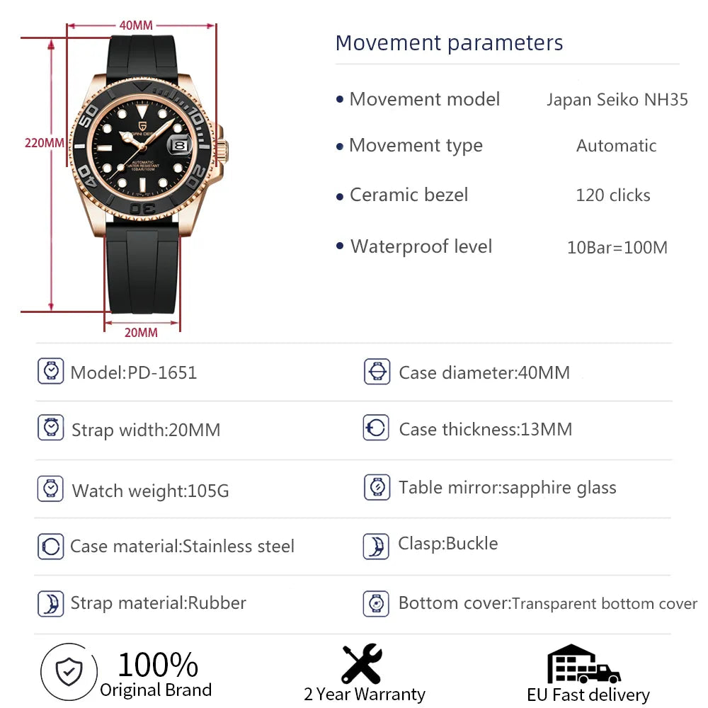 Men's Automatic Mechanical Sapphire Watch, 100M Waterproof