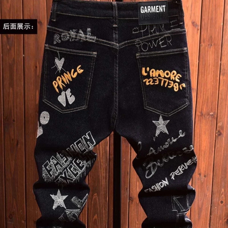Men's Embroidery Badge Retro Cargo Black Denim Jeans