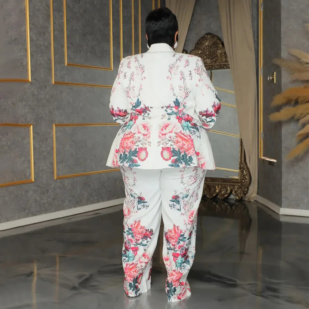 Women's Plus Floral Print Blazer and Wide-Leg Pants Set
