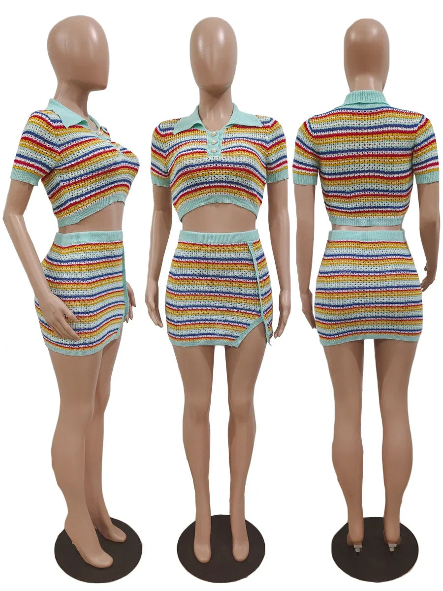 Women's Rainbow Stripe Knit Shirt and Shorts Two-Piece