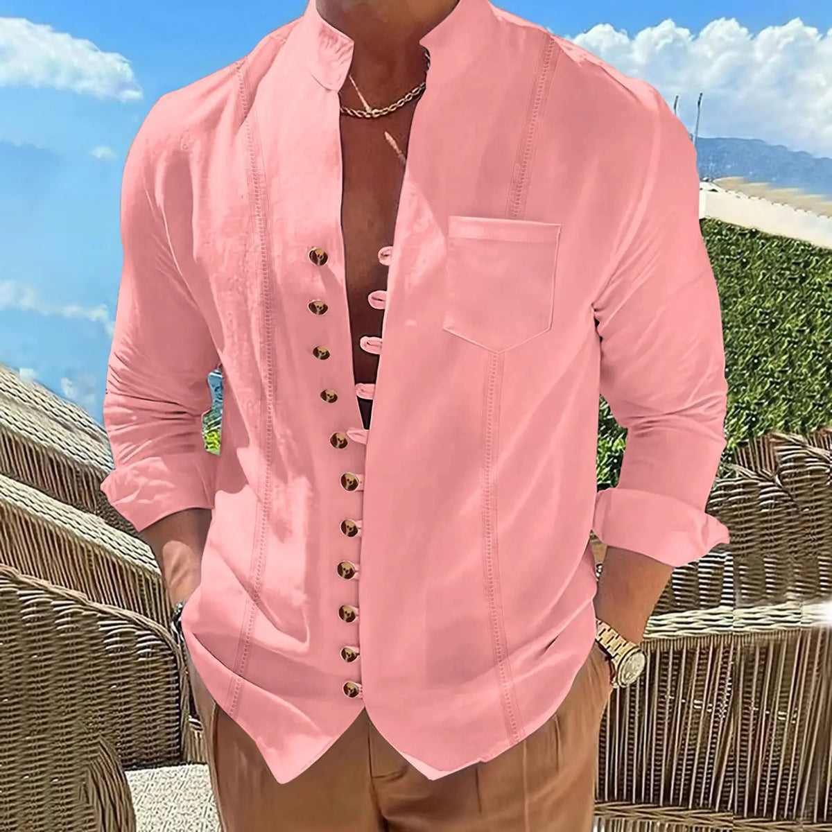 Men's Cotton Linen Stand Collar Long-Sleeve Striped Cardigan Shirt