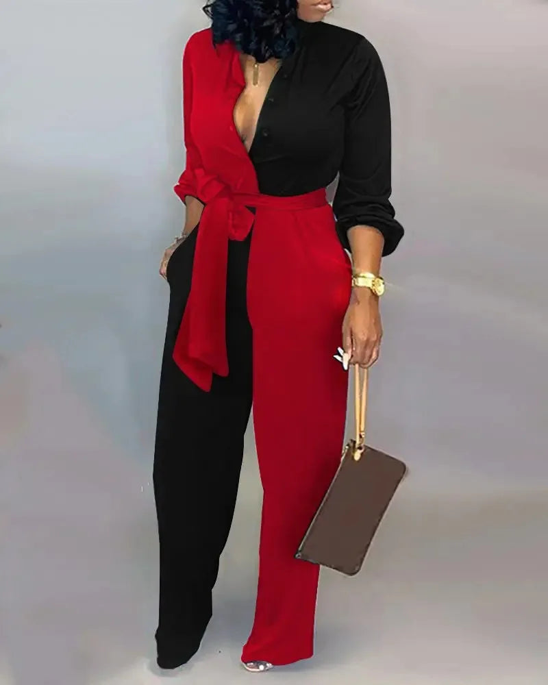 Women's Print V-Neck Belted Long Sleeve Jumpsuit