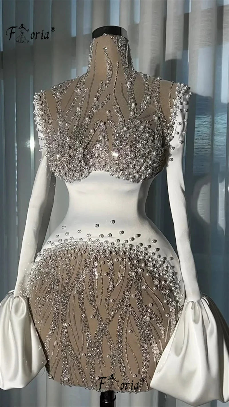Women's Pearl Sequin See-Through Flare Sleeve Mini Cocktail Dress