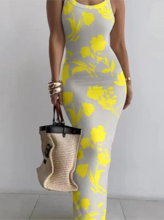 Women's Spaghetti Strap Printed Bodycon Maxi Dress