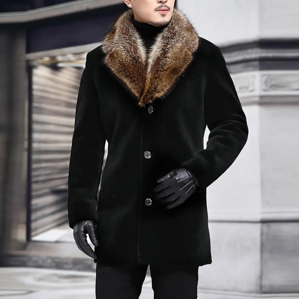 Men's Faux Fur Collar Thick Woolen Single-Breasted Coat