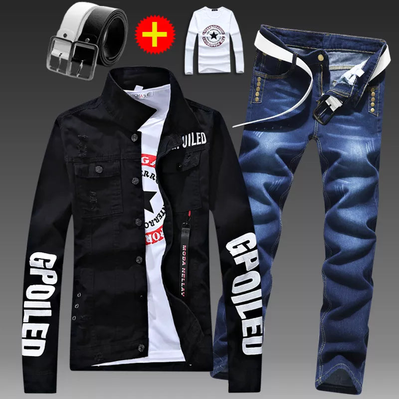 Men's Slim Fit Letter Print Denim Jacket and Pants Two-Piece Set