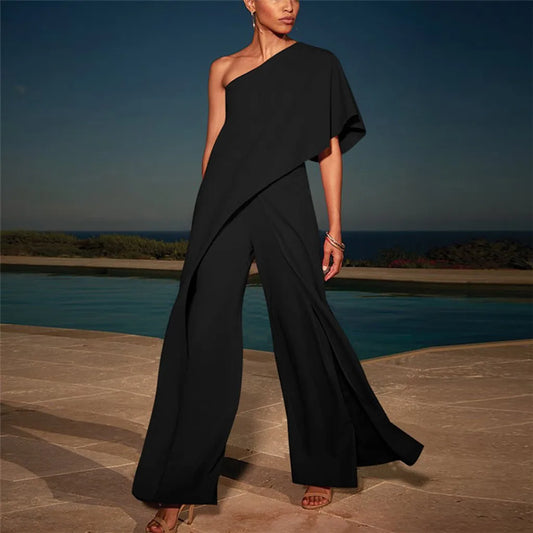 Women's Solid Cold-Shoulder Wide-Leg Party Jumpsuit