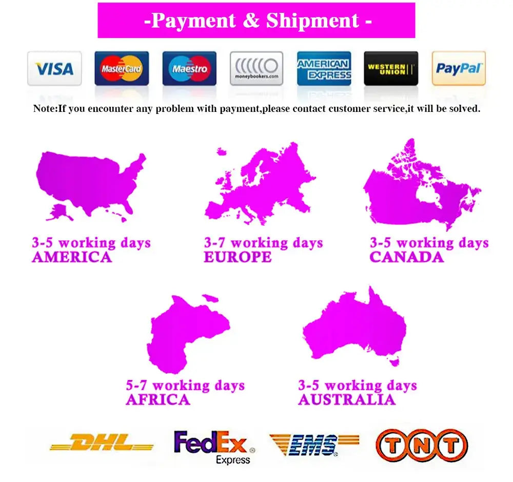 Payment and shipment information with delivery times for different regions including America, Europe, Canada, Africa, and Australia.
