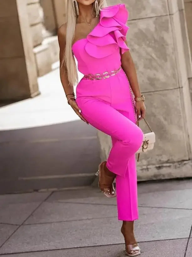 Women's Office Solid Sleeveless Ruffle One Shoulder Jumpsuit