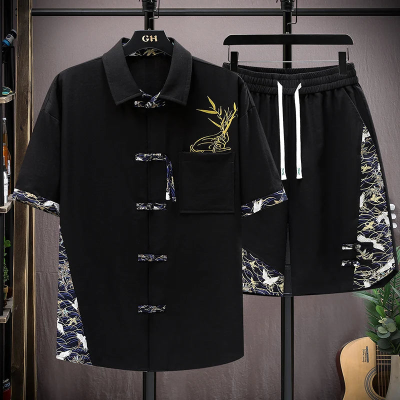 Men's Print Short-Sleeve Shirt and Shorts Two-Piece Set