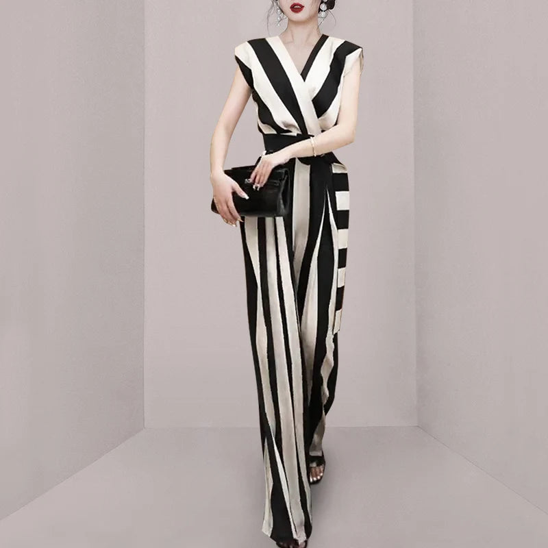 Women's Black-White Striped V-Neck Wide-Leg Jumpsuit, Office Belted Look