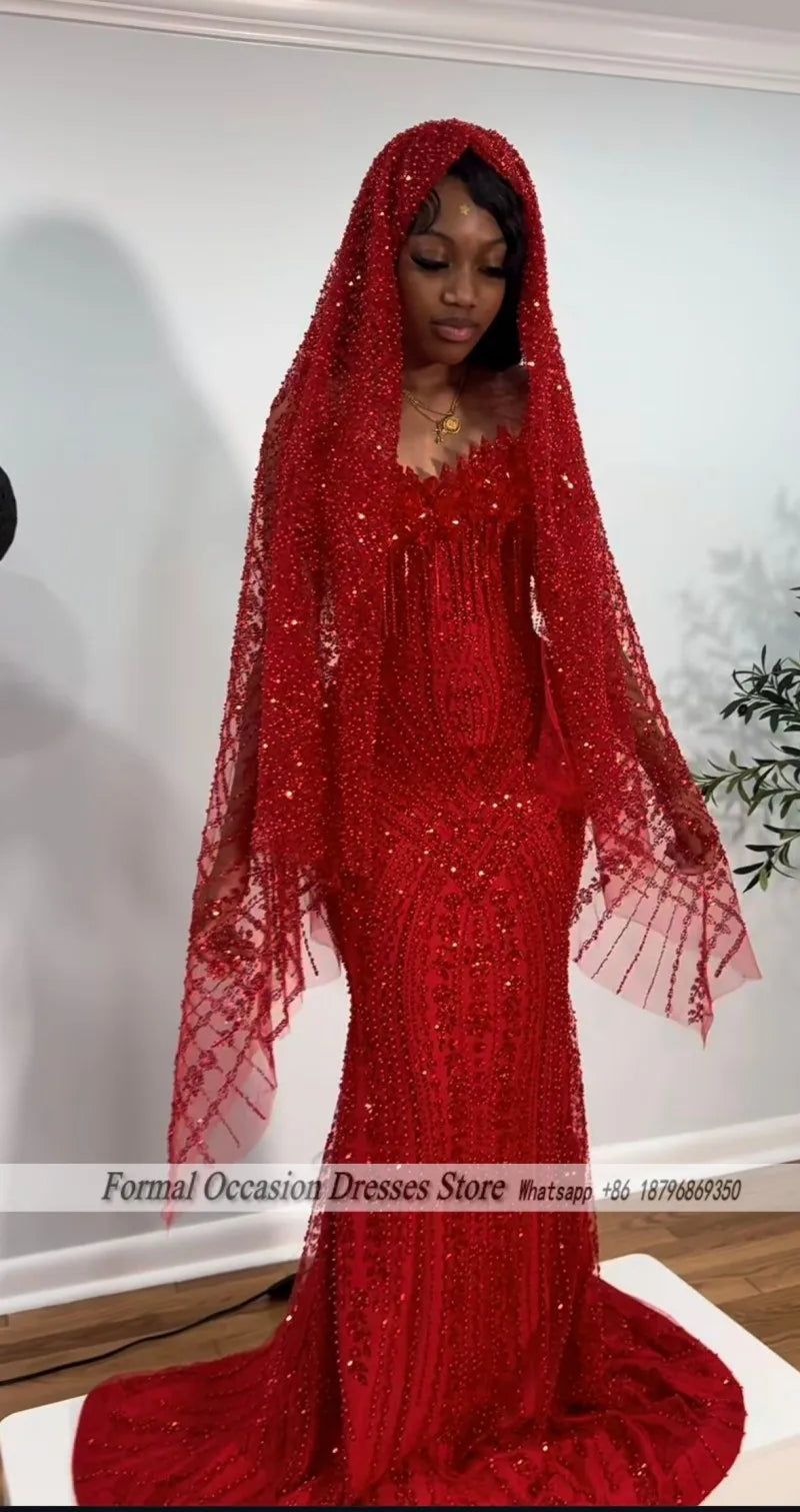 Women's Red Sequin Beading Sleeveless Prom Dress With Veil