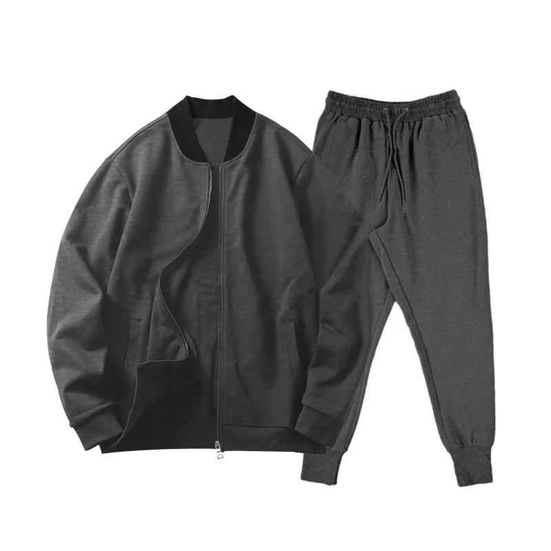 Men's Solid Stand-Collar Zip Jacket and Pants Set