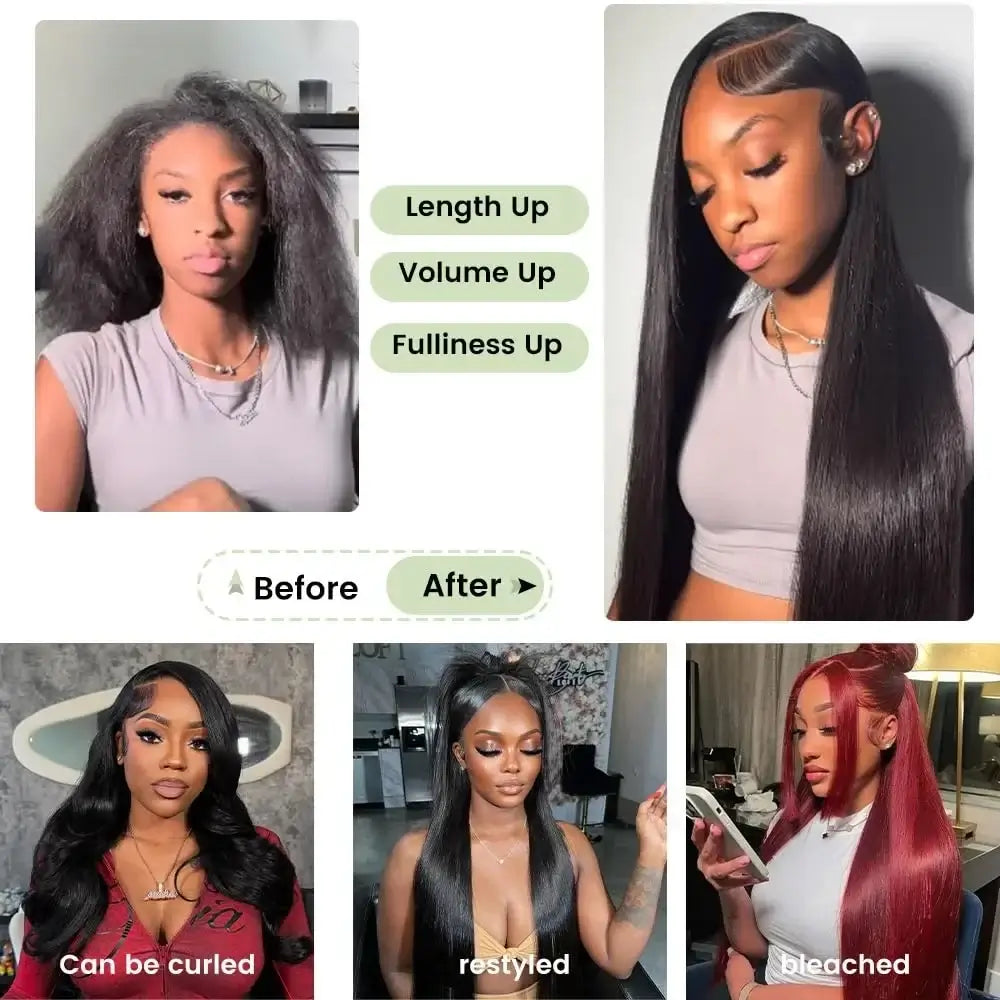 Before and after hair transformation showcasing styles and textures using 28 30 Inch Body Wave 100% Human Hair Bundles.