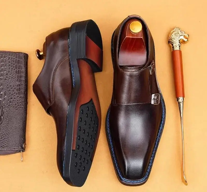 Men's Cowhide Square Toe Double Monk Strap Dress Shoes