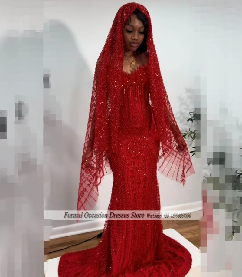 Women's Red Sequin Beading Sleeveless Prom Dress With Veil
