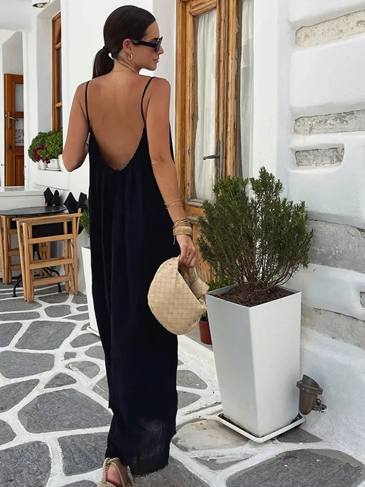 Women's Backless Lace-Up Spaghetti Strap Beach Maxi Dress