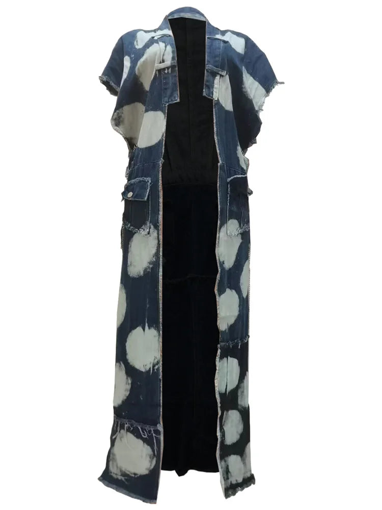 Women's Long Denim Trench Jacket with Pockets, Street Outerwear