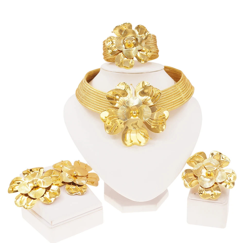 Women's Gold Plated Flower Necklace Earring Set