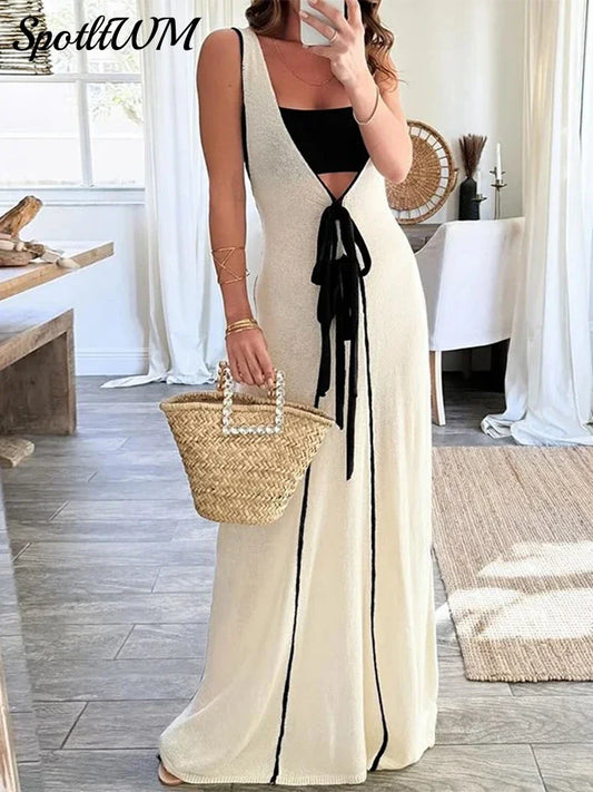 Women's Tie Knit Deep V-Neck Sleeveless Long Evening Dress