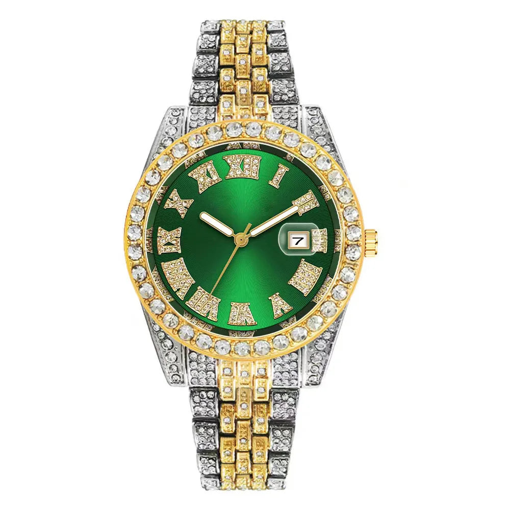 Men's Gold Stainless Steel Iced Rhinestone Calendar Hip Hop Watch