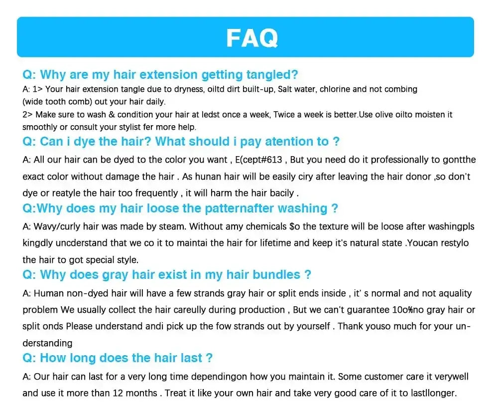 FAQ about hair extensions including care, dyeing, and longevity details.