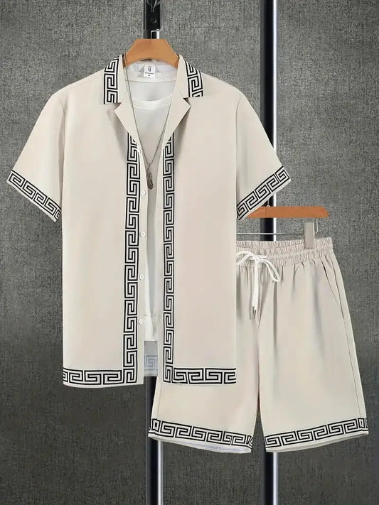 Men's 3D-Print Vintage T-Shirt and Shorts Hawaiian Beach Two-Piece Set