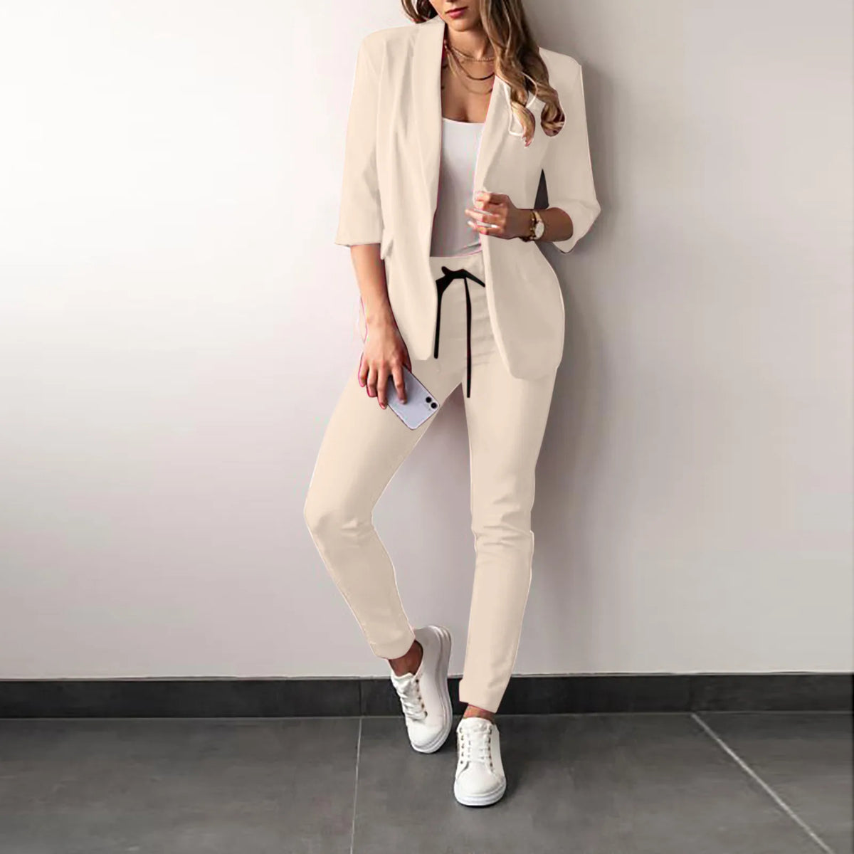 Women's Monochrome Drawstring Elastic-Waist Slit Suit Two-Piece