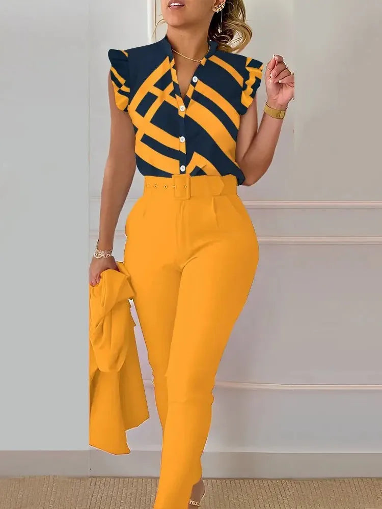 Women's Printed Sleeveless Shirt and Belted Pants Office Set