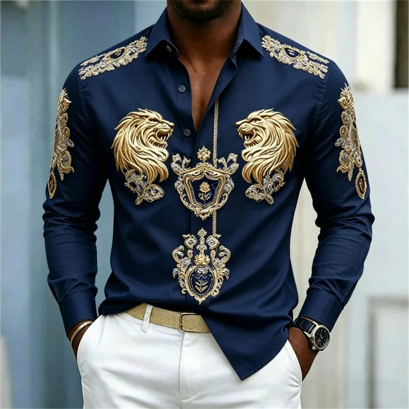 Men's Baroque Lion Head Slim Fit Long Sleeve Shirt XS-6XL
